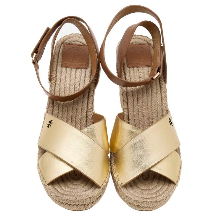 Pre Owned Tory Burch Gold/Brown Leather Bima Espadrille Wedge Sandals Size 40