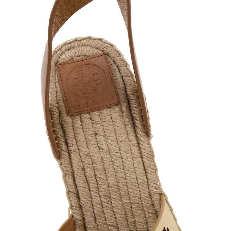 Pre Owned Tory Burch Gold/Brown Leather Bima Espadrille Wedge Sandals Size 40
