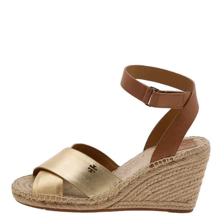 Tory Burch Gold/Brown Leather Bima Espadrille Wedge Sandals Size 40 Tory  Burch | TLC