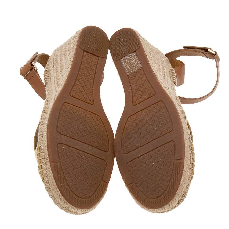 Pre Owned Tory Burch Gold/Brown Leather Bima Espadrille Wedge Sandals Size 40