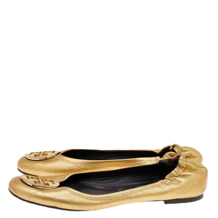 Pre Owned Tory Burch Gold Foil Leather Reva Scrunch Ballet Flats Size 40