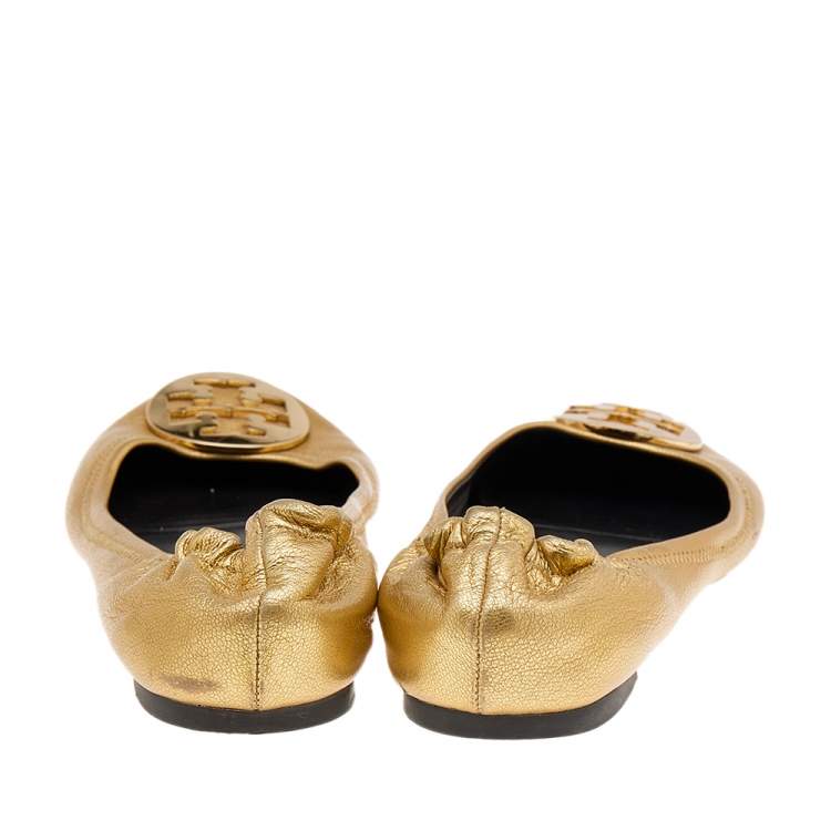 Pre Owned Tory Burch Gold Foil Leather Reva Scrunch Ballet Flats Size 40