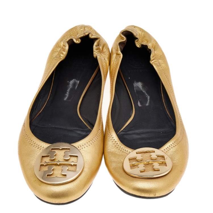 Pre Owned Tory Burch Gold Foil Leather Reva Scrunch Ballet Flats Size 40
