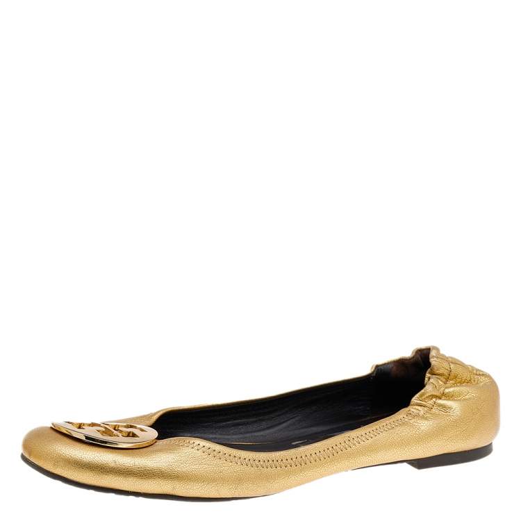 Pre Owned Tory Burch Gold Foil Leather Reva Scrunch Ballet Flats Size 40