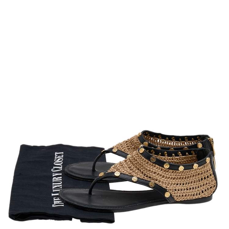 Pre Owned Tory Burch Beige/Black Raffia And Leather Flat Thong Sandals Size 38