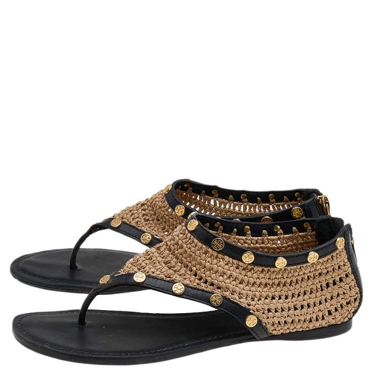 Pre Owned Tory Burch Beige/Black Raffia And Leather Flat Thong Sandals Size 38