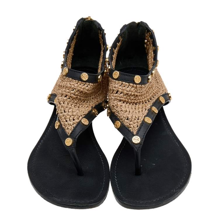 Pre Owned Tory Burch Beige/Black Raffia And Leather Flat Thong Sandals Size 38