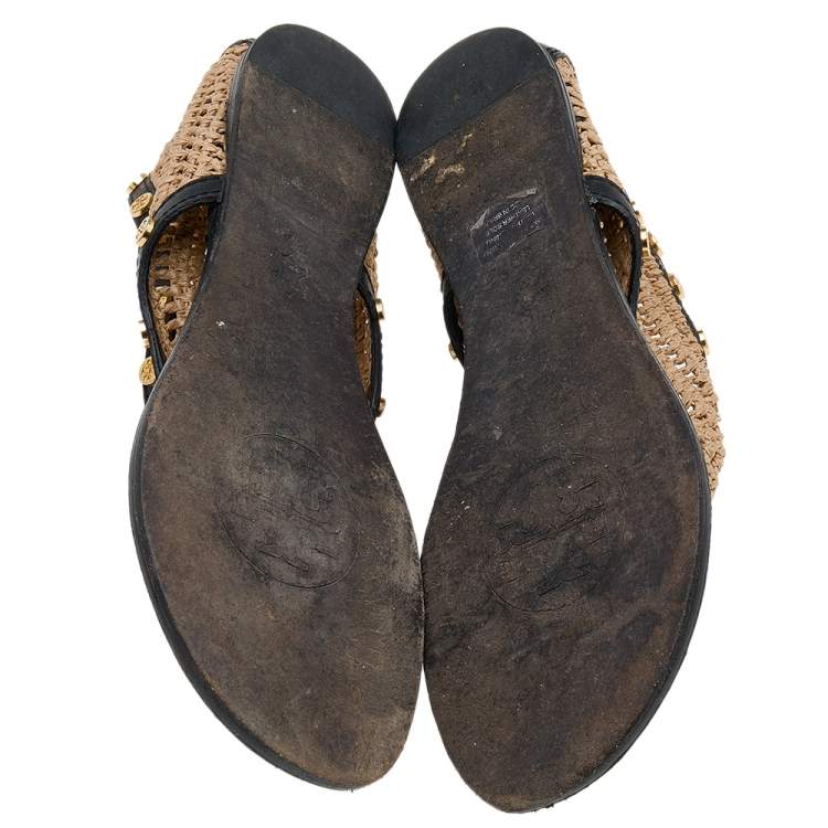 Pre Owned Tory Burch Beige/Black Raffia And Leather Flat Thong Sandals Size 38