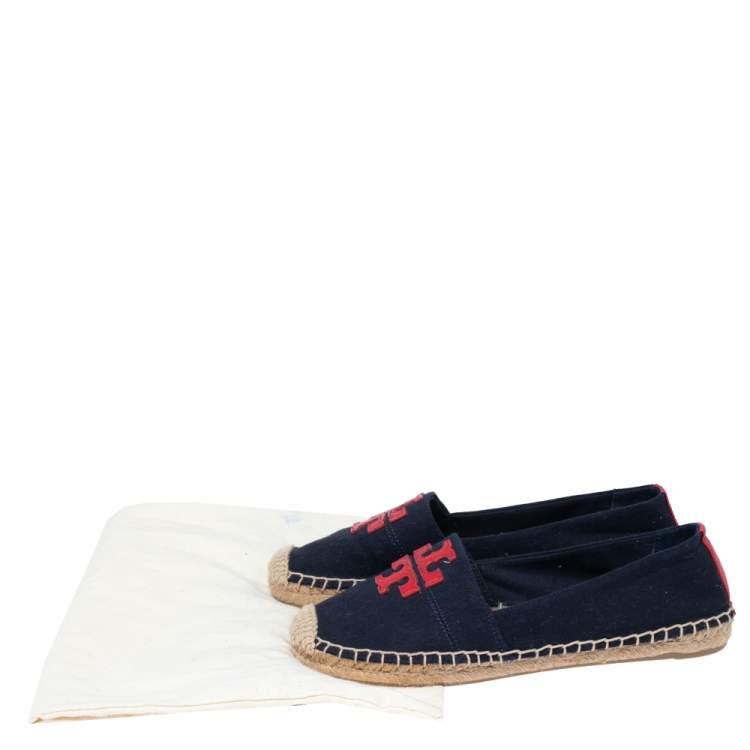 Pre Owned Tory Burch Navy Blue/Red Canvas and Leather Weston Flat Espadrilles Size 38