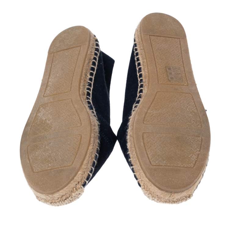 Pre Owned Tory Burch Navy Blue/Red Canvas and Leather Weston Flat Espadrilles Size 38
