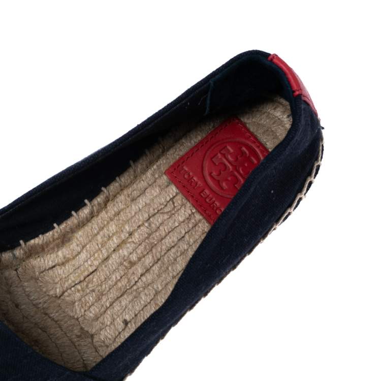 Pre Owned Tory Burch Navy Blue/Red Canvas and Leather Weston Flat Espadrilles Size 38