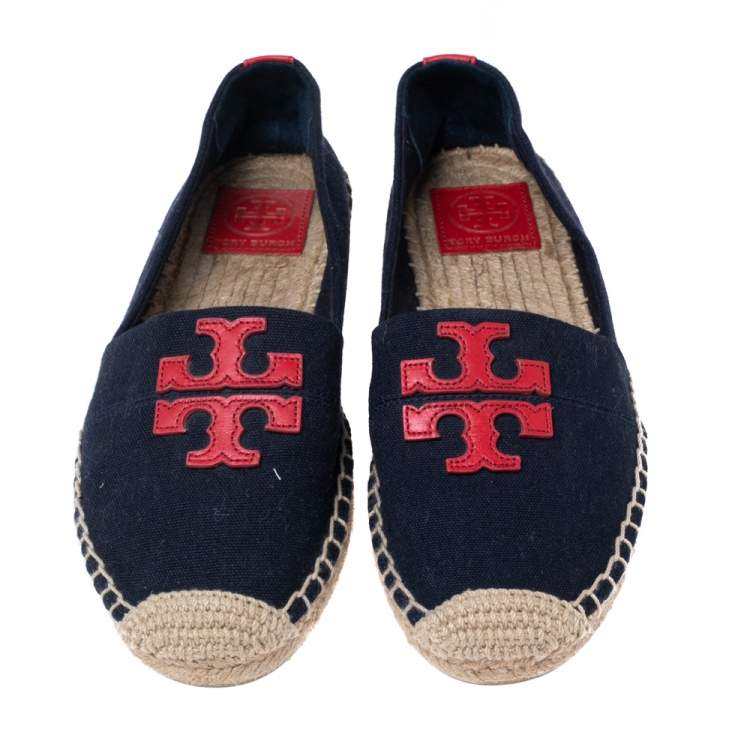 Pre Owned Tory Burch Navy Blue/Red Canvas and Leather Weston Flat Espadrilles Size 38