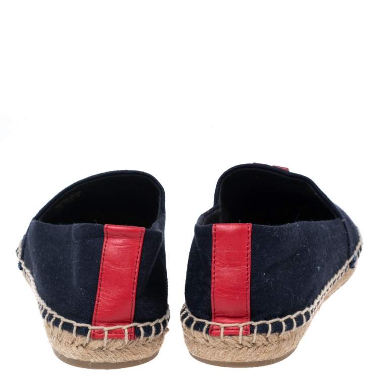 Pre Owned Tory Burch Navy Blue/Red Canvas and Leather Weston Flat Espadrilles Size 38