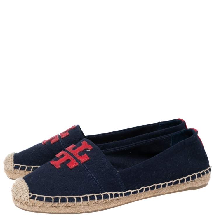 Pre Owned Tory Burch Navy Blue/Red Canvas and Leather Weston Flat Espadrilles Size 38