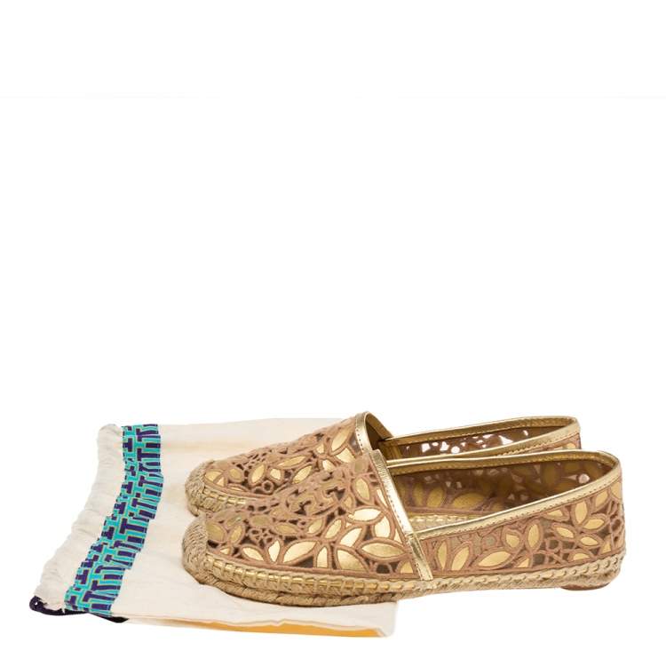 Pre Owned Tory Burch Gold/Beige Leather And Canvas Espadrille Flats Size 37.5
