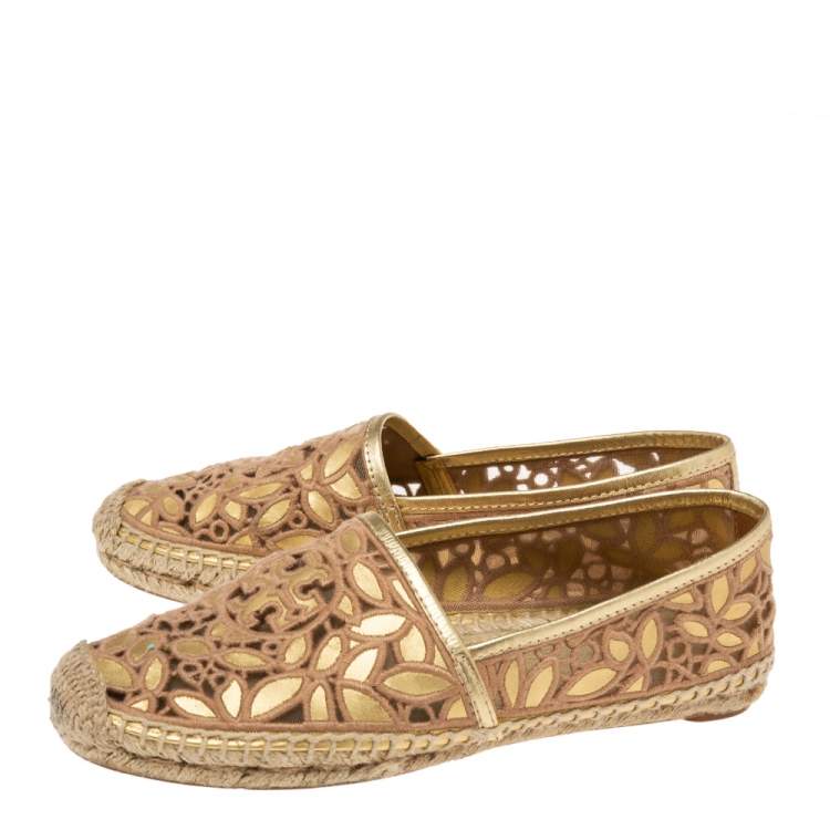 Pre Owned Tory Burch Gold/Beige Leather And Canvas Espadrille Flats Size 37.5