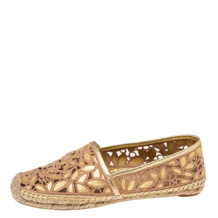 Pre Owned Tory Burch Gold/Beige Leather And Canvas Espadrille Flats Size 37.5