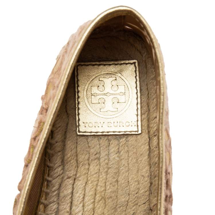 Pre Owned Tory Burch Gold/Beige Leather And Canvas Espadrille Flats Size 37.5