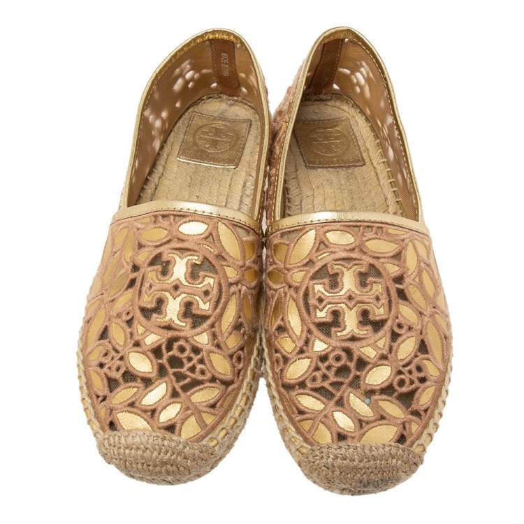 Pre Owned Tory Burch Gold/Beige Leather And Canvas Espadrille Flats Size 37.5
