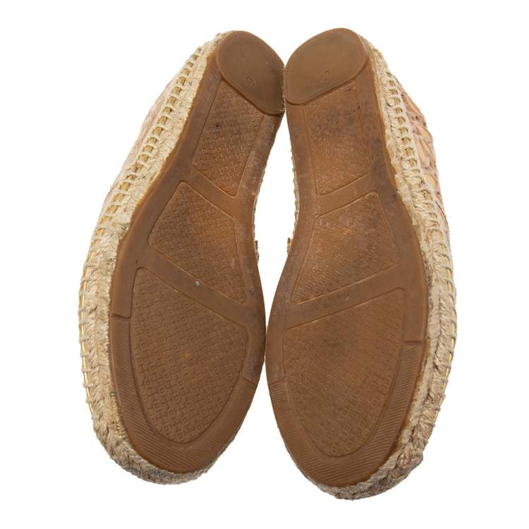 Pre Owned Tory Burch Gold/Beige Leather And Canvas Espadrille Flats Size 37.5