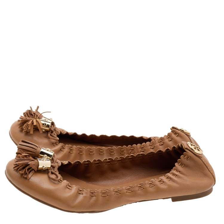 Pre Owned Tory Burch Brown Leather Reva Scrunch Ballet Flats Size 37.5
