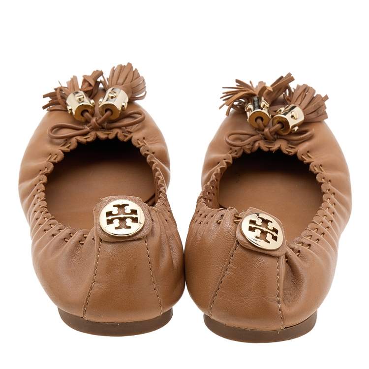 Pre Owned Tory Burch Brown Leather Reva Scrunch Ballet Flats Size 37.5