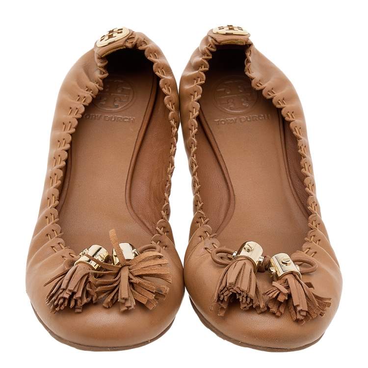 Pre Owned Tory Burch Brown Leather Reva Scrunch Ballet Flats Size 37.5