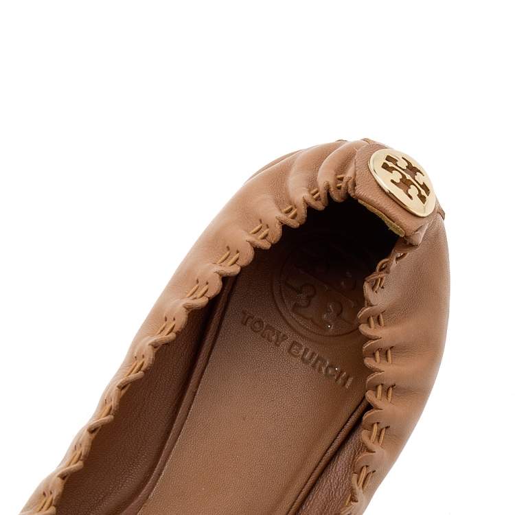 Pre Owned Tory Burch Brown Leather Reva Scrunch Ballet Flats Size 37.5