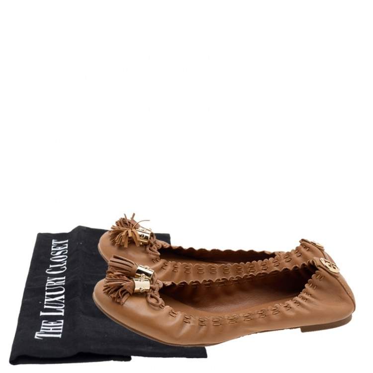 Pre Owned Tory Burch Brown Leather Reva Scrunch Ballet Flats Size 37.5