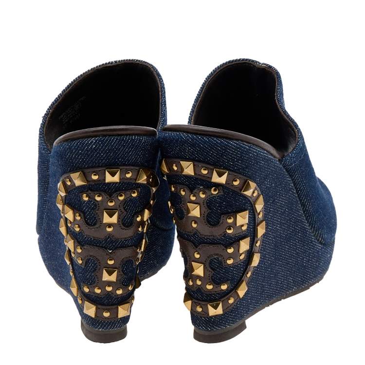Pre Owned Tory Burch Blue Denim Studded Wedges Mules Size 37