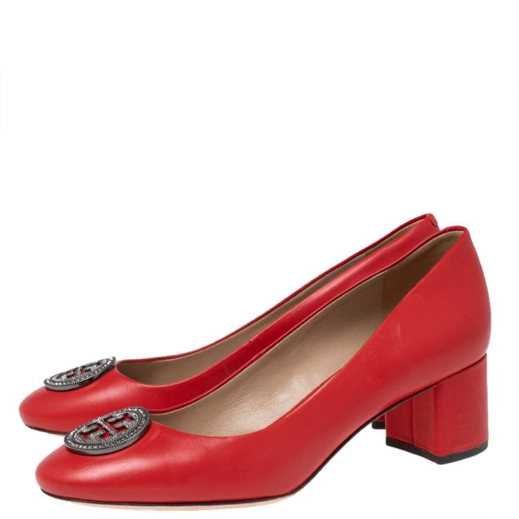 Pre Owned Tory Burch Red  Leather Embellished Block Heel Pumps Size 38