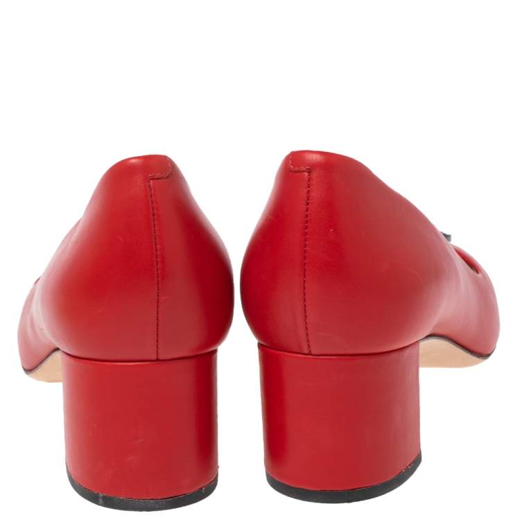 Pre Owned Tory Burch Red  Leather Embellished Block Heel Pumps Size 38