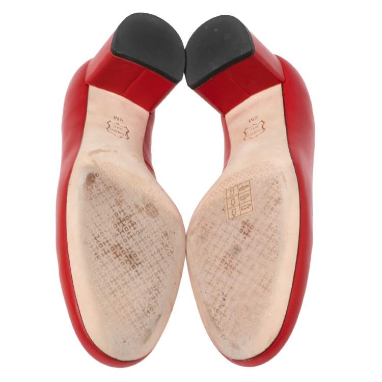 Pre Owned Tory Burch Red  Leather Embellished Block Heel Pumps Size 38
