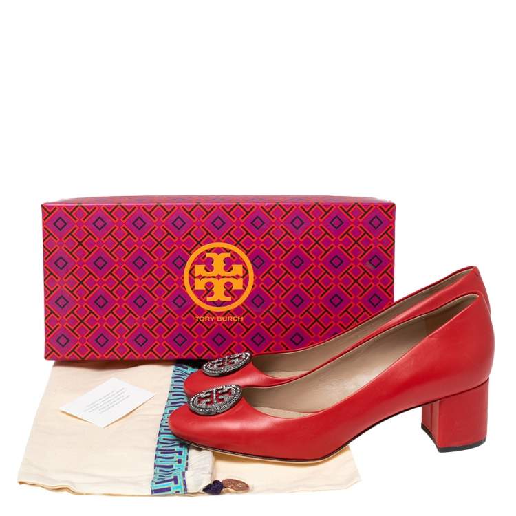 Pre Owned Tory Burch Red  Leather Embellished Block Heel Pumps Size 38