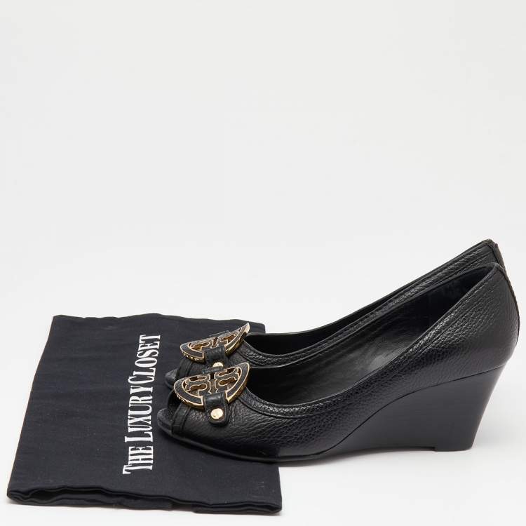 Pre Owned Tory Burch Black Leather Amanda Peep Toe Wedge Pumps Size 37.5
