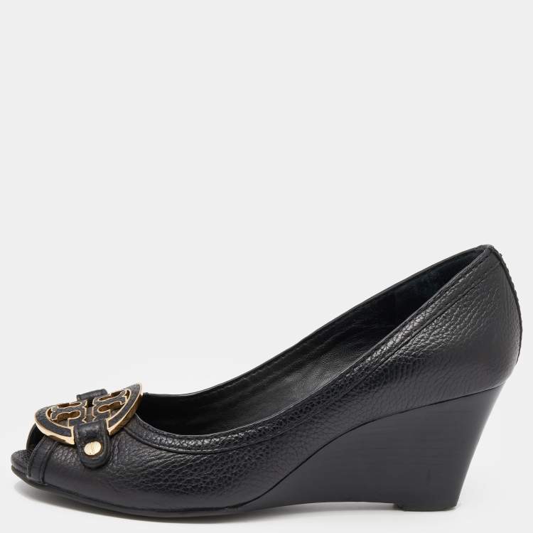 Pre Owned Tory Burch Black Leather Amanda Peep Toe Wedge Pumps Size 37.5