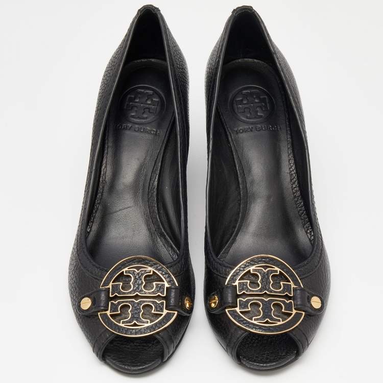 Pre Owned Tory Burch Black Leather Amanda Peep Toe Wedge Pumps Size 37.5