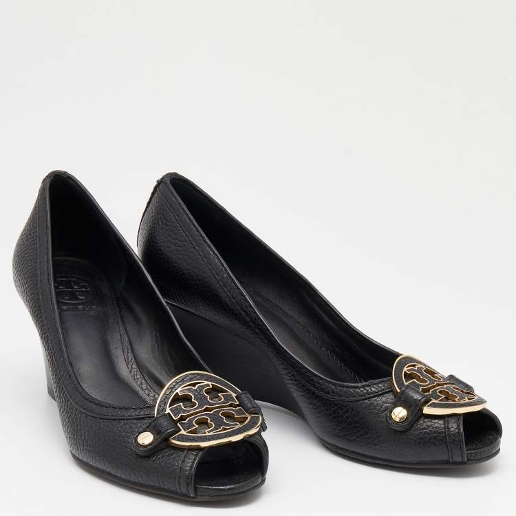 Pre Owned Tory Burch Black Leather Amanda Peep Toe Wedge Pumps Size 37.5