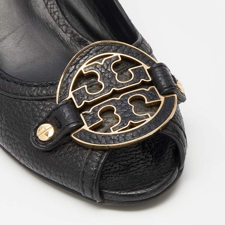 Pre Owned Tory Burch Black Leather Amanda Peep Toe Wedge Pumps Size 37.5