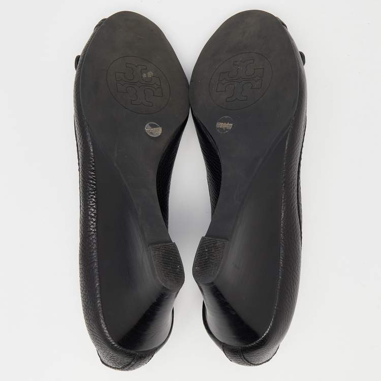 Pre Owned Tory Burch Black Leather Amanda Peep Toe Wedge Pumps Size 37.5