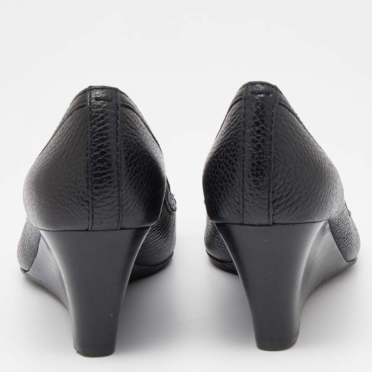 Pre Owned Tory Burch Black Leather Amanda Peep Toe Wedge Pumps Size 37.5