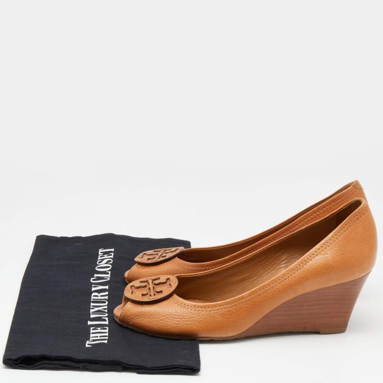 Pre Owned Tory Burch Tan Leather Sally Peep Toe Wedge Pumps Size 38