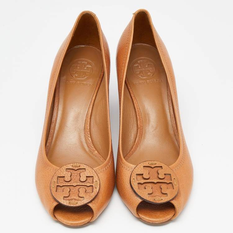 Pre Owned Tory Burch Tan Leather Sally Peep Toe Wedge Pumps Size 38