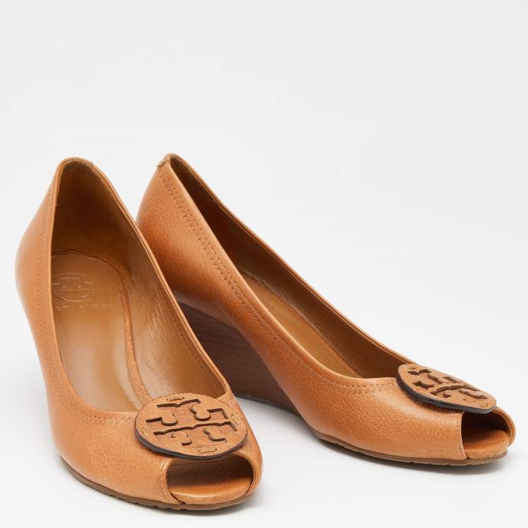Pre Owned Tory Burch Tan Leather Sally Peep Toe Wedge Pumps Size 38
