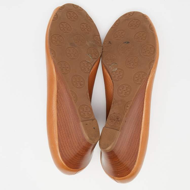 Pre Owned Tory Burch Tan Leather Sally Peep Toe Wedge Pumps Size 38