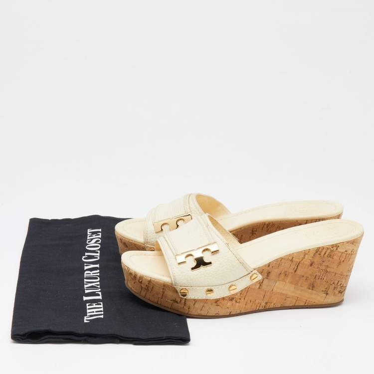 Pre Owned Tory Burch Cream Leather Cork Wedge Slide Sandals Size 37
