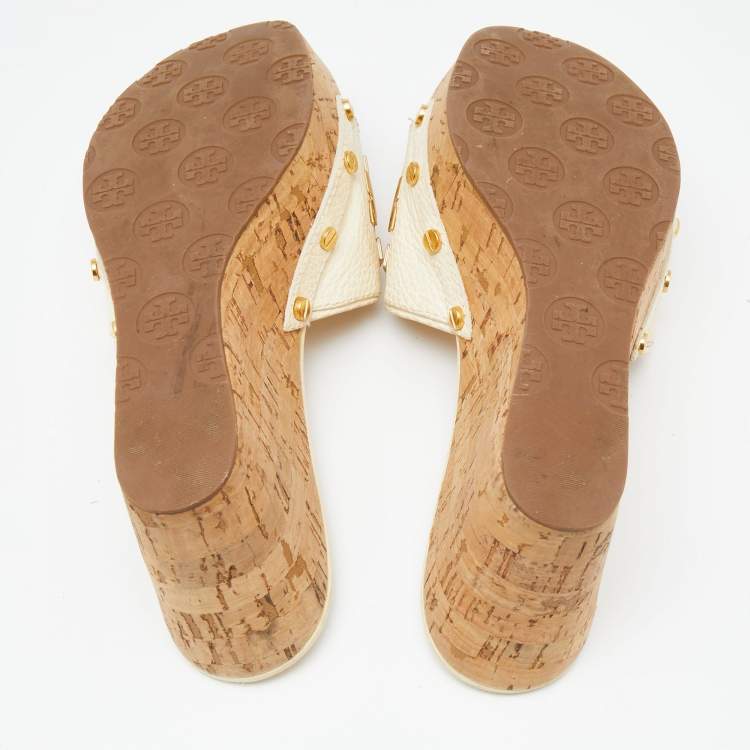 Pre Owned Tory Burch Cream Leather Cork Wedge Slide Sandals Size 37