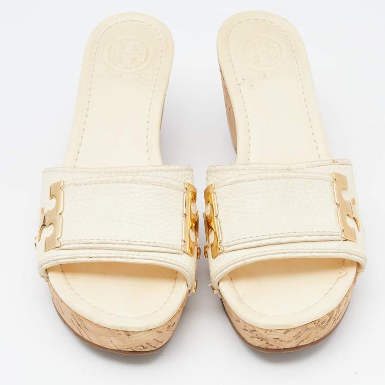 Pre Owned Tory Burch Cream Leather Cork Wedge Slide Sandals Size 37