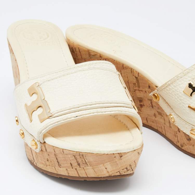 Pre Owned Tory Burch Cream Leather Cork Wedge Slide Sandals Size 37