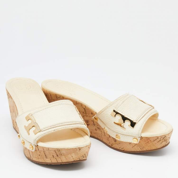 Pre Owned Tory Burch Cream Leather Cork Wedge Slide Sandals Size 37